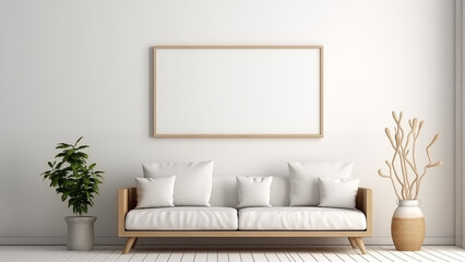 An empty picture frame hanging on a wall in a minimalist living room with a modern, soft glow.