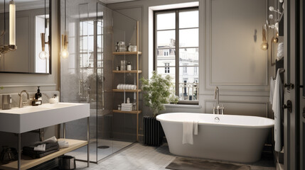 Fototapeta na wymiar Modern Haussmannian Bathroom: Interior Design with Modern Details in Grey and Beige Palette