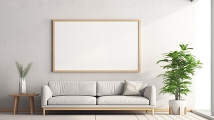 An empty picture frame hanging on a wall in a minimalist living room with a modern, soft glow.