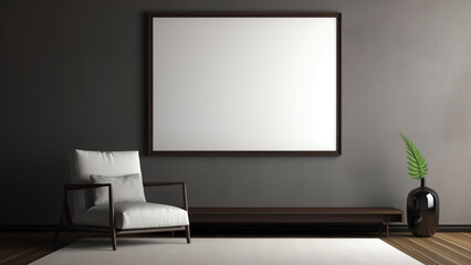 An empty picture frame hanging on a wall in a minimalist living room with a modern, soft glow.