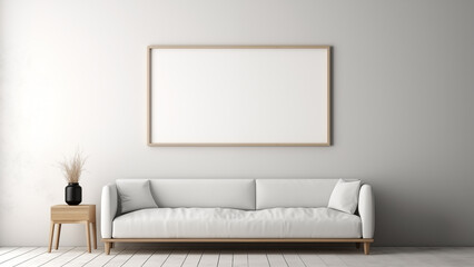 An empty picture frame hanging on a wall in a minimalist living room with a modern, soft glow.