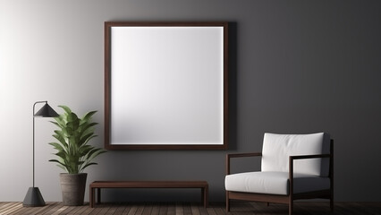 An empty picture frame hanging on a wall in a minimalist living room with a modern, soft glow.