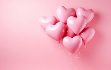 Bunch of pastel pink heart shaped latex balloons isolated on pink background. Copy space at the left. Valentines day, engagement or wedding party poster. AI Generative