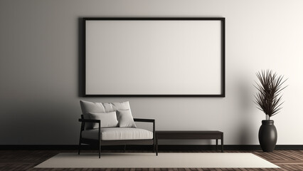 An empty picture frame hanging on a wall in a minimalist living room with a modern, soft glow.