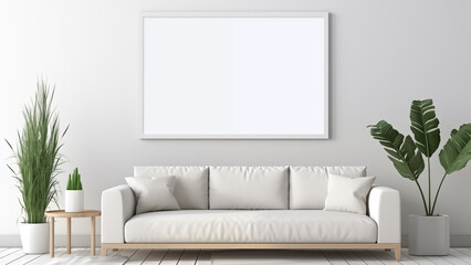 An empty picture frame hanging on a wall in a minimalist living room with a modern, soft glow.