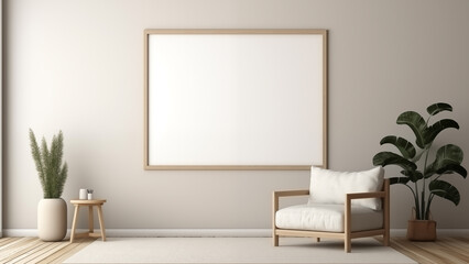 An empty picture frame hanging on a wall in a minimalist living room with a modern, soft glow.