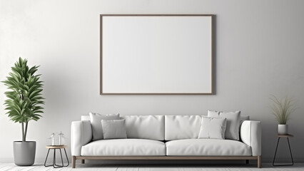 An empty picture frame hanging on a wall in a minimalist living room with a modern, soft glow.