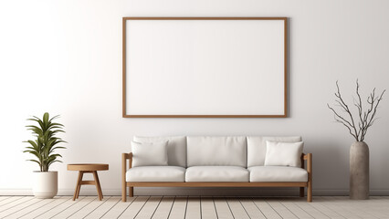 An empty picture frame hanging on a wall in a minimalist living room with a modern, soft glow.