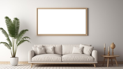 An empty picture frame hanging on a wall in a minimalist living room with a modern, soft glow.