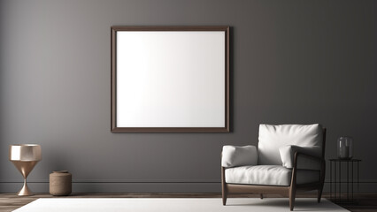 An empty picture frame hanging on a wall in a minimalist living room with a modern, soft glow.