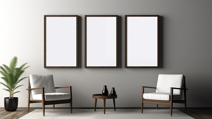 An empty picture frame hanging on a wall in a minimalist living room with a modern, soft glow.