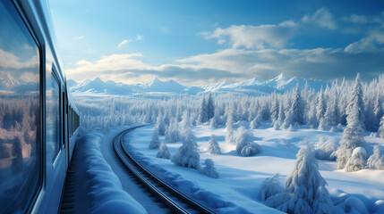 Train travel on a snow-covered train track, ai generated