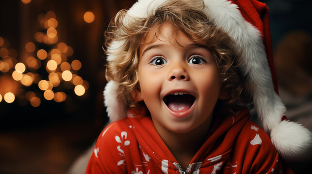  surprised child with a christmas gifts on decorated festive background, ai generated image