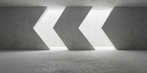 Abstract empty, modern concrete room with double arrow opening backlit from above and rough floor - industrial interior background template - obrazy, fototapety, plakaty