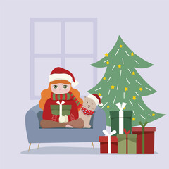 A cute little girl holding a Christmas gift with a lovely cat on sofa in cozy room. Vector illustration for Christmas celebration concept