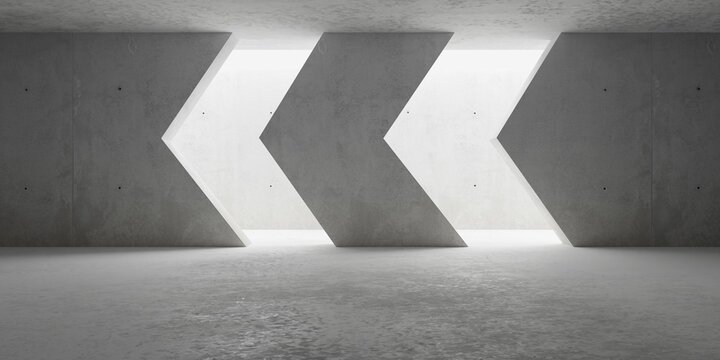 Abstract empty, modern concrete room with double arrow opening backlit from above and rough floor - industrial interior background template