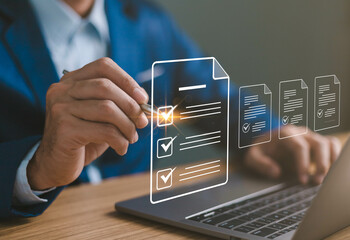 Document checklist management, businessman choose checkmark exam question application, report form...