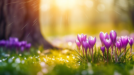 spring flowers in the grass with tree truck in background