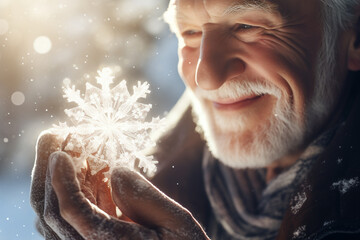 Portrait of a happy old man holding a snowflake