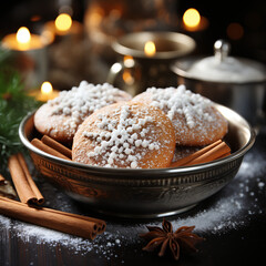 Fototapeta premium the scent of cinnamon and ginger wafting through the kitchen as cookies bake, while outside, gentle snowflakes fall from the sky