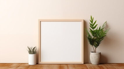 An empty picture frame hanging on a wooden wall in a minimalist living room with warm, soft light