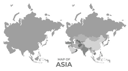 Greyscale vector map of asia with regions and simple flat illustration