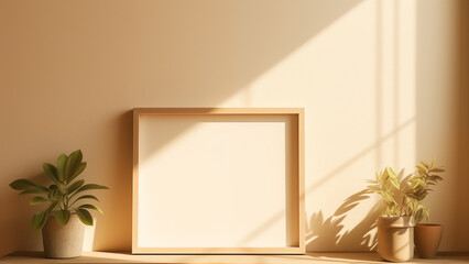 An empty picture frame hanging on a wooden wall in a minimalist living room with warm, soft light