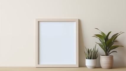 Fototapeta na wymiar An empty picture frame hanging on a wooden wall in a minimalist living room with warm, soft light