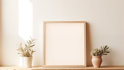 An empty picture frame hanging on a wooden wall in a minimalist living room with warm, soft light