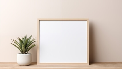 An empty picture frame hanging on a wooden wall in a minimalist living room with warm, soft light