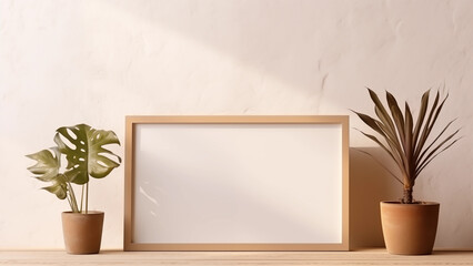 An empty picture frame hanging on a wooden wall in a minimalist living room with warm, soft light