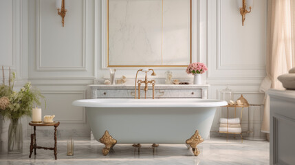 a traditional bathroom with a clawfoot tub and a white sink and marble flooring
