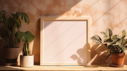 An empty picture frame hanging on a wooden wall in a minimalist living room with warm, soft light