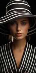 Hübsches Model Gesicht mit schwarz weißen Hut im dunklen Licht als Nahaufnahme im Hochformat, ai generativ