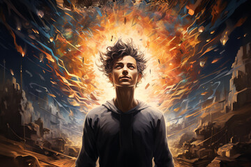 Moment when inspiration strikes, with a person emanating a burst of creativity from their head. Ai generated