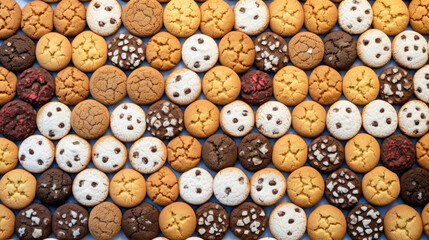 Cookie background with many different types of cookies. - obrazy, fototapety, plakaty