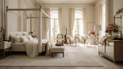 a traditional bedroom with cream-colored walls and carpeted floors A large four-poster bed is in the center of the room and with two nightstands on either side