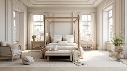 a traditional bedroom with cream-colored walls and carpeted floors A large four-poster bed is in the center of the room and with two nightstands on either side