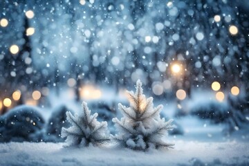 Fototapeta na wymiar Frosty winter wonderland with snowfall and magic lights. Christmas greetings concept