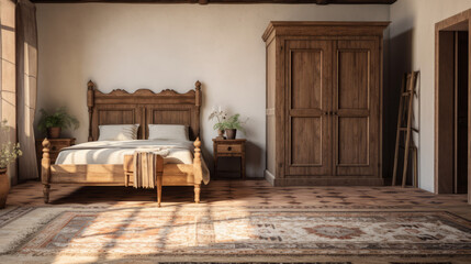 a traditional bedroom with an ornate four-poster bed and two nightstands and a vanity