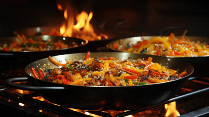 Fototapeta premium Stir-Fry Vegetables Cooking on Flaming Stove