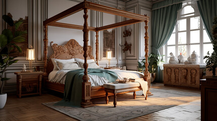 a traditional bedroom with an ornate four-poster bed and two nightstands and a vanity