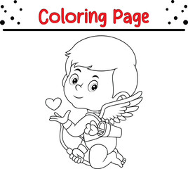 cute cupid holding love bow arrow coloring page for children. Vector illustration coloring book.