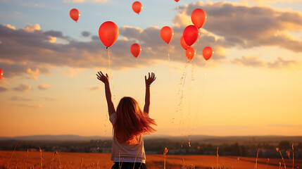 Girl releasing red balloons into sunset sky