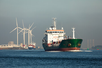 Chemical or oil tanker ship transporting goods over the North Sea, from the Port of Rotterdam, the...