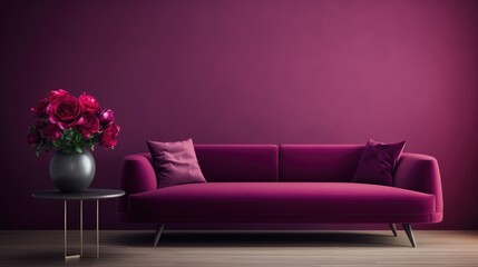 Contemporary interior with elegant dark magenta room with sofa and table with flowers wtih copyspace - obrazy, fototapety, plakaty