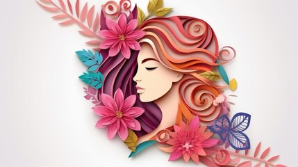 Paper art Happy womens day 8 march with a woman on white background
