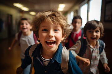 Happy kids joyfully running down a school hallway celebrating the impending joy of vacation. Ai generated