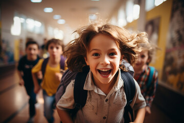 Happy kids joyfully running down a school hallway celebrating the impending joy of vacation. Ai generated