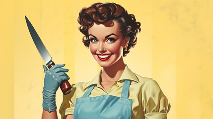 Pretty pin up young woman holding a knife. 50s style retro poster. Generative AI